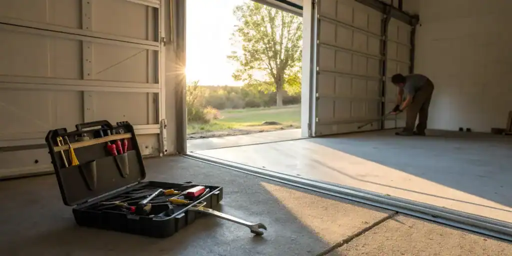 Bent garage door track repair in progress.