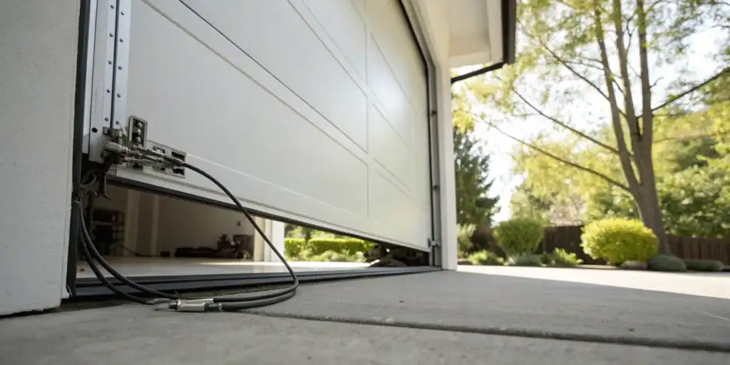 A garage door hanging crooked because the cable broke on one side.