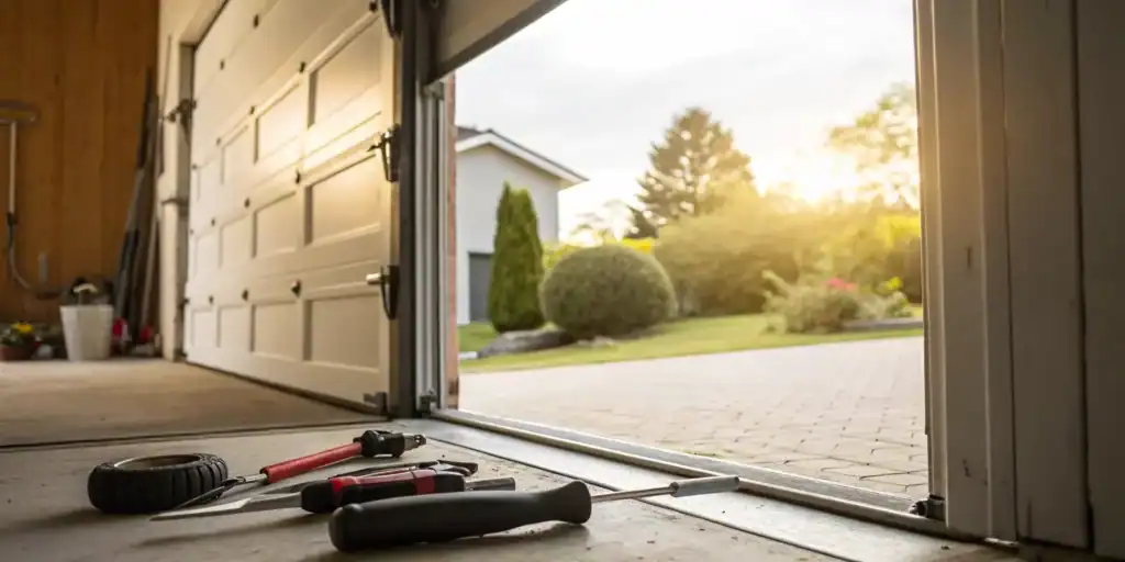 An off track garage door with tools on the floor for a DIY repair.