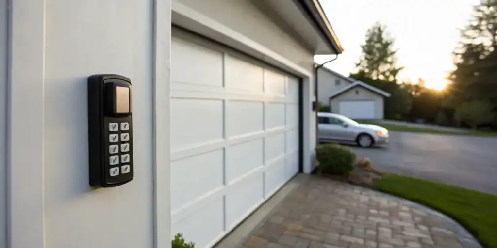 A garage door keypad on a garage wall, which can be reset without a code.