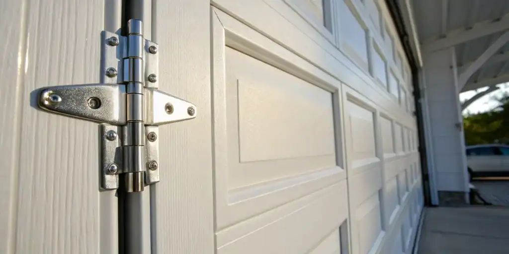 A close-up on how to lubricate a garage door hinge for routine maintenance.