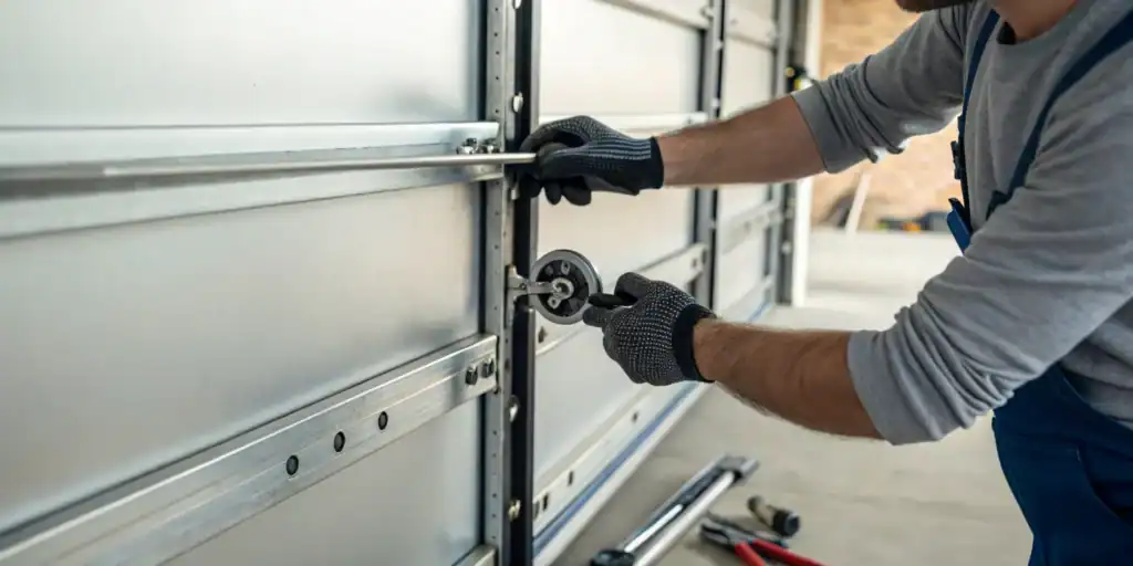 A technician fixes a garage door trolley that is not catching.
