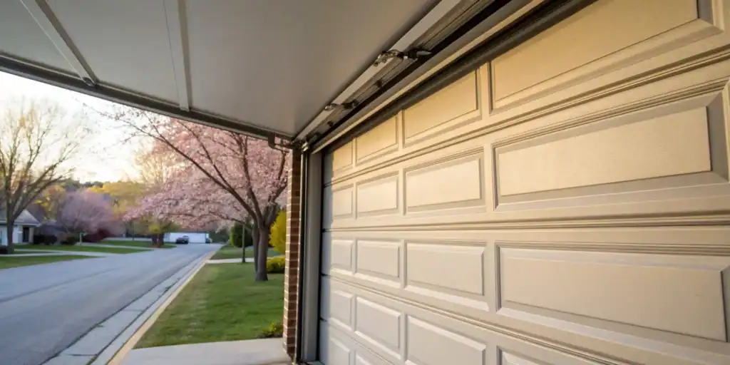 A residential garage door stuck halfway open due to opening and closing problems.