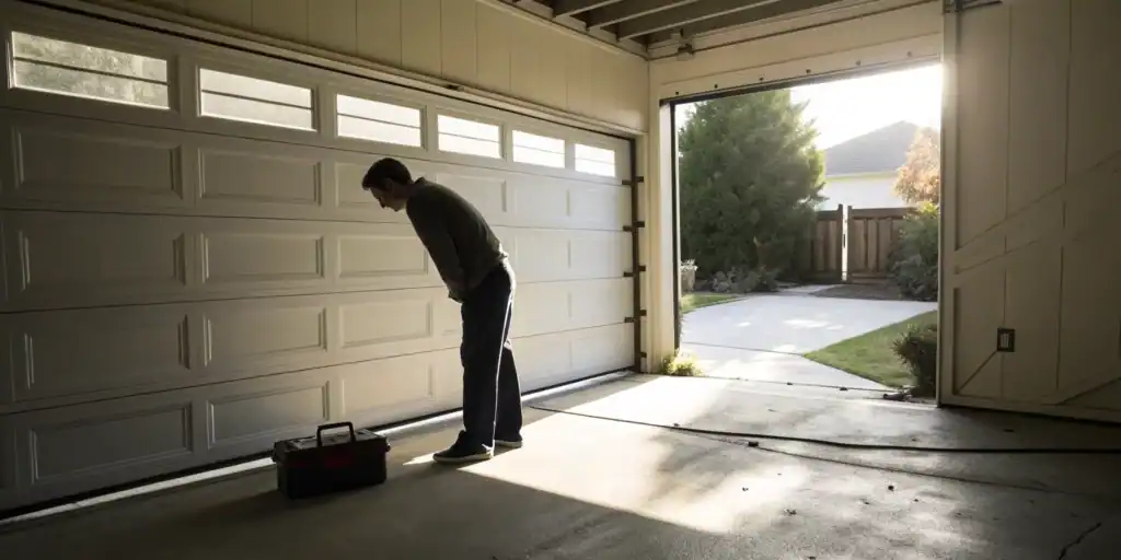 Man manually opening a stuck garage door from the outside.