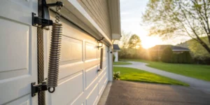 Close-up of a torsion spring on a garage door ready for replacement.