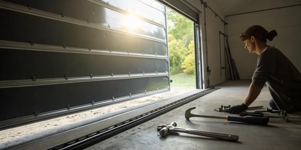 A person fixing a garage door that came off track in a residential garage.