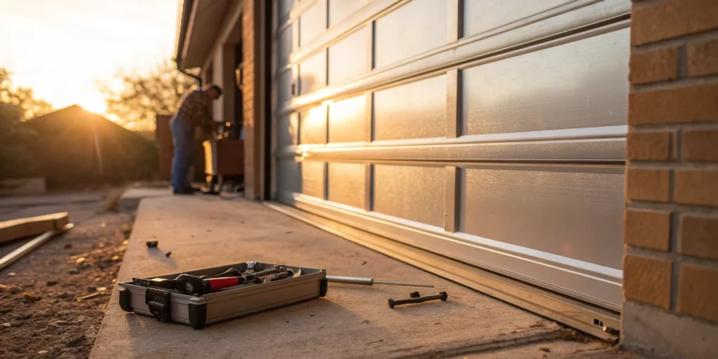 A person inspecting a manual garage door that has gone off track.
