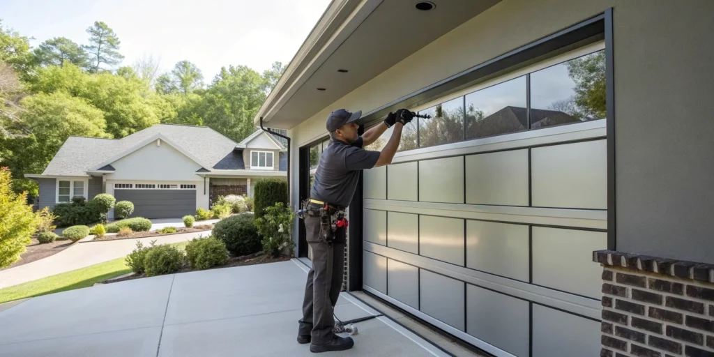 A professional completing a new garage door installation.