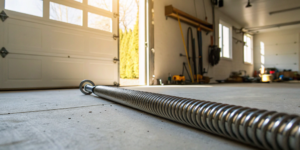 Broken garage door spring requiring professional repair in Milwaukee.