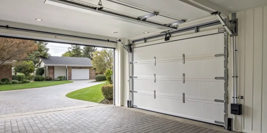 A garage door stuck open because it won't close unless you hold the button down.