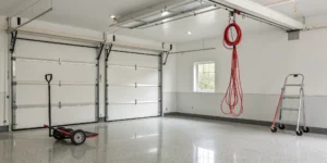 A red garage door emergency release cord hanging from the opener track.