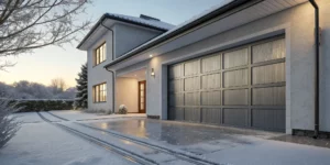 A garage door not opening all the way in cold weather due to snow and ice.