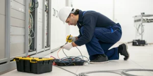 Professional technician completing a snapped garage door cable repair.