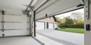 A residential garage door stuck open and not closing.