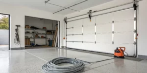 A frayed, snapped garage door cable on the floor next to the door track.